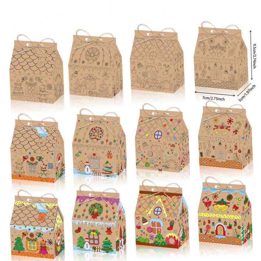 12 pezzi Set regalo di Natale fai da te, Kit casa di pan di zenzero natalizio, Artigianato casa di pan di zenzero dipinta a mano, Perfetto per decorazioni natalizie, Confezione per caramelle e spuntino, Regali di Capodanno, Decorazioni natalizie