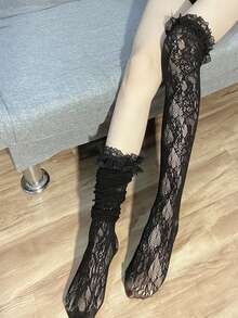 1 Pair Women's Lace Trim Thigh High Socks, Black, Cozy Socks - Black - View 4