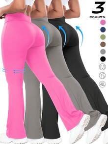 3 Pack Women's High Waist Butt Lifting Flare Yoga Pants – Tummy Control, Slim Fit, Stretchy & Comfy Leggings For Workout, Casual & Daily Wear - 黑灰粉 - 查看 1
