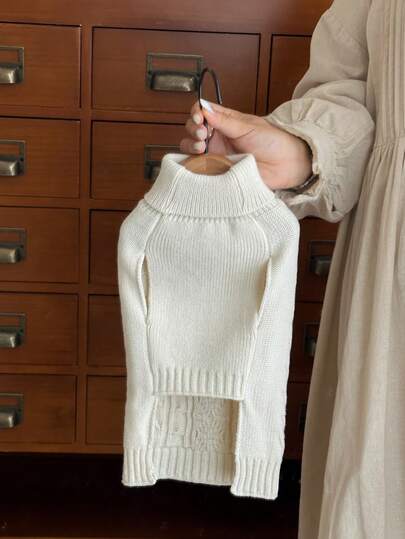 Solid Color Cable Knit Sweater, British Style Pet Clothing For Autumn/Winter, Cable Solid Color Turtleneck Dog Sweater, Cat Dog Pet Sweater