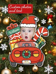 1pc Customized Christmas Photo Ornament, Featuring Cute Santa Claus Driving Christmas Car Design, Can Customize Adorable Portrait, Suitable For Families, Holiday Design, Festive Decor, Christmas Sentimental Keepsake, Couples And Parents. Personalized Gift, Customized Product, Bag Charm, Home Decor, Christmas Home Decor, Christmas Gift, Christmas Ornament - Red - View 2