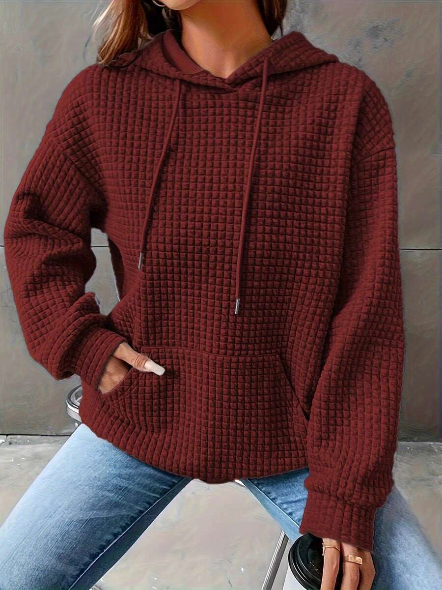 Loose Fit Pullover Solid Color Hooded Long Sleeve Waffle Knit Sweatshirt, Autumn
