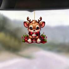 Christmas 2D New Cute Deer Holiday Gift Pendant-Acrylic Flat Car Rearview Mirror Decoration, Festive Car Interior Charm, Lightweight Acrylic Material, Vivid Deer Design, Cute 2D Flat Christmas Deer Car Rearview Mirror Decoration, Very Suitable Add Festive Cheers To The Car Interior During The Holidays,