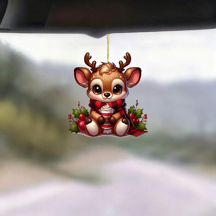 Christmas 2D New Cute Deer Holiday Gift Pendant-Acrylic Flat Car Rearview Mirror Decoration, Festive Car Interior Charm, Lightweight Acrylic Material, Vivid Deer Design, Cute 2D Flat Christmas Deer Car Rearview Mirror Decoration, Very Suitable Add Festive Cheers To The Car Interior During The Holidays,
