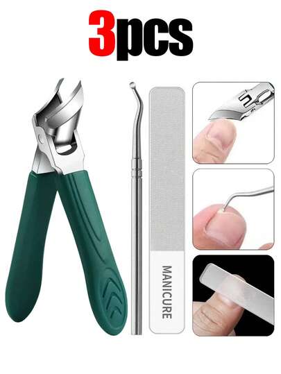 3/1 Peça Conjunto de Manicure em Aço Inoxidável - Empurrador de Cutícula de Duas Pontas, Lixa de Unhas, Lixador de Unhas, Cortador de Unhas, Cortador de Unhas Anti-Respingo, Conjunto de Ferramentas de Manicure