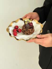 8-Inch Wavy Gold-Rimmed Ceramic Plate, Suitable For Serving Dishes, Appetizer Plates, Bread Plates, Kitchen, Dining Room, Hotel Reception, Tabletop Decor, Patio, Tray, Plate, Dishes, Rectangular, Round, Ramadan - Multicolor - View 5