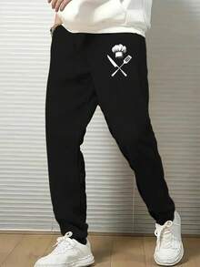 Men's Chef Themed Casual Pants With Cross Cutlery Pattern - Gray Polyester Knit, Elastic Drawstring Waist And Side Pockets, Machine Washable Regular Fit Suitable For Spring/Autumn, Modern Cooking Inspired Casual Wear, Comfortable Clothing| Fun Patterned Trousers| All-Season Pants - 黑色 - 查看 2