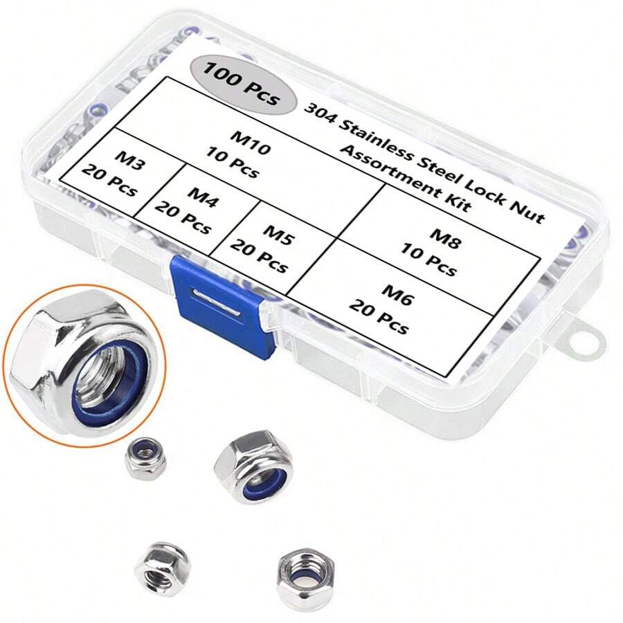 100个304不锈钢锁紧螺母，公制六角螺母，尼龙锁紧螺母，机械锁紧螺母