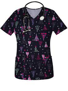 Blusa de enfermera con cuello en V y estampado de árbol de Navidad colorido, de manga corta, con bolsillos, adecuada para mujeres, ropa de otoño - Negro - Ver 1