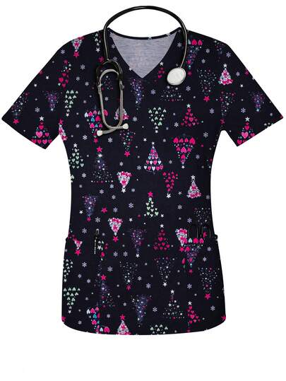 女士彩色圣诞树印花V领短袖护士服上衣，带口袋，适合女性，秋季服装