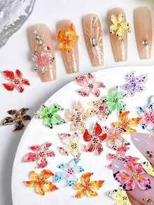 100pcs 3D Floral Nail Art Charms, Colorful, Hawaiian Style, Cute Flower Pattern, Summer Nail Rhinestone Decoration - Multicolor - View 5
