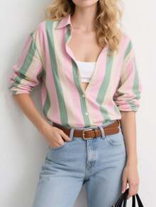 Top Casual com Botões na Frente e Costas Vazadas, Listrada em Arco-Íris Elegante, Top Versátil e de Alta Qualidade para Mulheres, para Todas as Estações