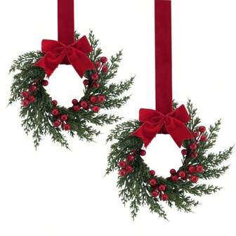 2pcs /1pc Christmas Wreaths With Ribbon, 26cm/10.24in Wreaths For Kitchen Cabinets, Christmas Window Wall Front Door Decorations, Small Christmas Wreaths - Compact Christmas Wreaths For Indoor Use, Fireplace Window Farmhouse Indoor Home Decorations