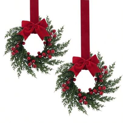 2 guirlandas de Natal com fita, guirlandas de 26 cm/10,24 pol. para armários de cozinha, decorações de parede para janelas e portas de entrada de Natal, guirlandas de Natal pequenas - guirlandas de Natal compactas para uso interno, decorações de lareira para janelas e casas de fazenda
