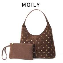 Large Capacity Women Tote Bag, Rivet Bag, Fashion Shoulder Bag With Various Rivet Niche Elements, Suede Design Elegant Handbag, Suitable For Dating, Daily, Shopping, Beach Vacation, Multi-Scenario Commuter Bucket Bag - Cà phê - Xem 1
