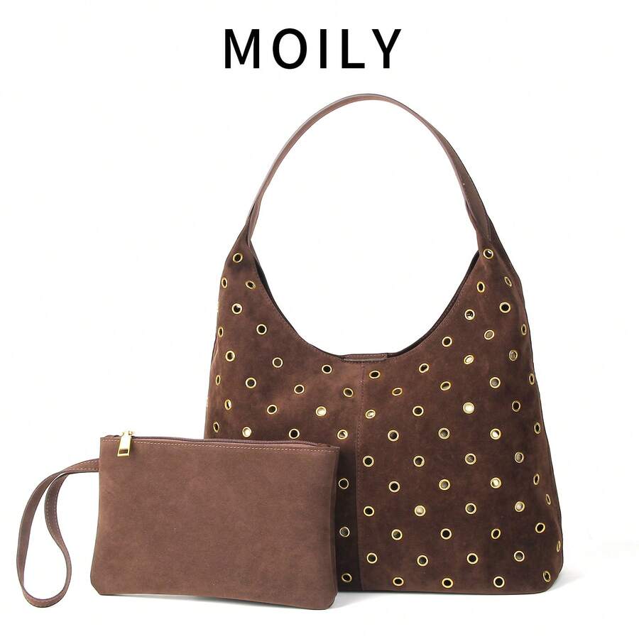 Large Capacity Women Tote Bag, Rivet Bag, Fashion Shoulder Bag With Various Rivet Niche Elements, Suede Design Elegant Handbag, Suitable For Dating, Daily, Shopping, Beach Vacation, Multi-Scenario Commuter Bucket Bag - Cà phê - Xem 1