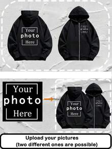 Customized Men's Hooded Zip-Up Sweatshirt Jacket, Front & Back Graphic Printing, Customizable Logo/Christmas/Halloween/Thanksgiving/Dance Crew/Work Uniform/School Uniform/Advertising, Lucky Number-Family Pet Friend-Any Design, Autumn Thermal Lined Hoodie Jacket
