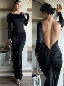 Basrey New Elegant Black Round Neck Long Sleeve Backless Fitted Pleated Dress, Wrap-Around Hip Design, Fishtail Hem, Formal Gown, Perfect For Cocktail Party, Ball, Formal Dinner - Black - View 7