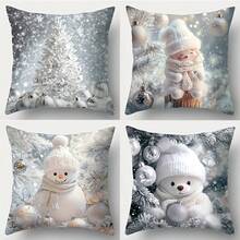 Contemporary Christmas Throw Pillow Covers - Polyester, Hand-Washable, Zippered, Woven Pillowcases - Snowy Scene, Snowman & Bear Designs For Living Room Sofa Decor - No Insert - Multicolor - View 10