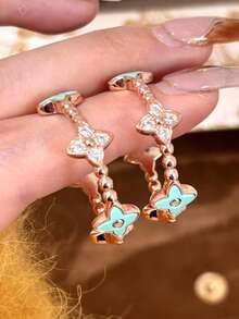 1pc French Retro Luxurious High-End Glazed Rhinestone Four-Leaf Flower Earrings, Fresh And Sweet Floral Design, Versatile For Women's Daily, Festival, Party Wear, Girlfriend/Best Friend Gift (Shipped Without Box And Clip)