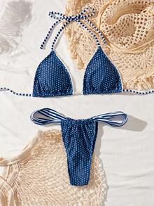 Ladies' Swimsuit Sexy Fashion Blue Two Pieces Swimsuit Lace White Bead Accessories Summer Beach Bikini Set Random Print