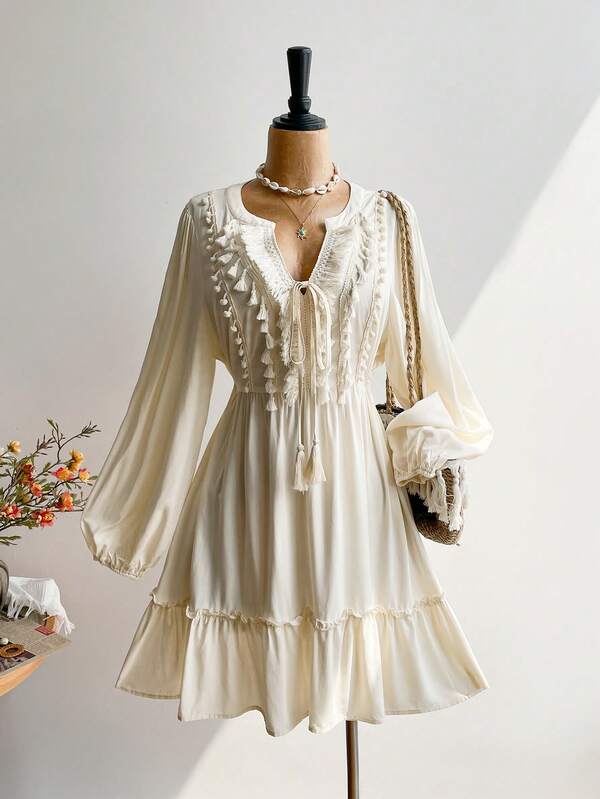 Rusttydustty Vestido de manga larga elegante con borlas estilo bohemio para damas, ideal para vacaciones, Navidad, Acción de Gracias, Año Nuevo y fiestas