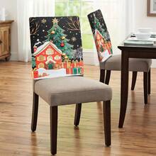 1 pièce/4 pièces/6 pièces/10 pièces Étoile de dessus de sapin de Noël, ornement doré et rouge, maison, boîte-cadeau imprimés. Housse de chaise en peluche courte amovible et douce pour la protection des chaises de salle à manger, salon, toutes saisons, décoration de fête