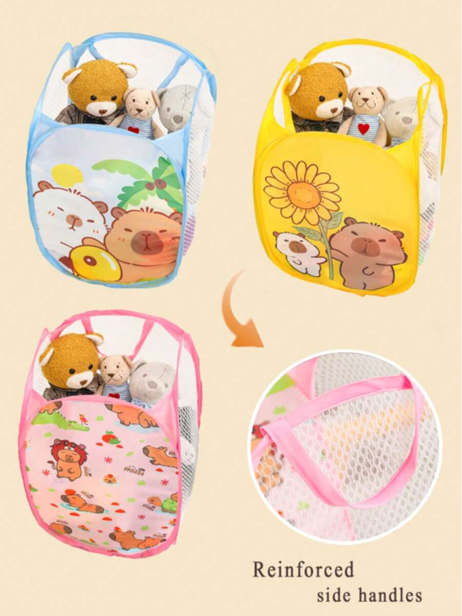 1pc Foldable Cartoon Animal Pattern Mesh Storage Basket With Handle, Suitable For Indoor/Outdoor Snacks, Toys, Clothes Storage, Baby & Kids