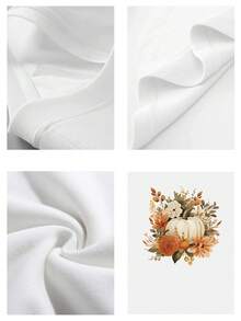 Camiseta casual para mujeres de 220g de algodón puro gruesa y cómoda con diseño de calabaza blanca y flores de otoño de estilo vintage - Blanco - Ver 4