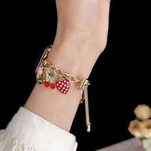 1pc Metal Pendant Charm Bracelet Strap, Heart & Bow Decor, Elegant Women's Watch Band Compatible With Apple Watch 38/40/41/42/44/45/46/49mm, Fits Series Ultra/SE/10/9/8/7/6/5/4/3/2/1, Unisex - Gold - View 2