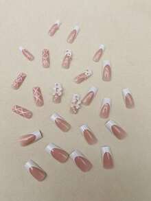 24pcs Premium European And American Style Full Drill Glitter Ballet Nail Set +1pc Gel +1pc Cuticle Pusher Press On Nails Nail Supplies - 多色 2 - 查看 3