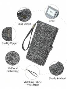 Billetera larga RFID, billetera plegable en tres partes, billetera de piel sintética estampada con múltiples ranuras para tarjetas, correa de muñeca que cabe en el teléfono