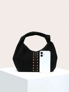 Women's Crescent-Shaped Handbag In Solid Color, Versatile And Fashionable, With Knotted Single Handle, Suitable For Carrying Under The Arm And For Travel. - Black - View 2