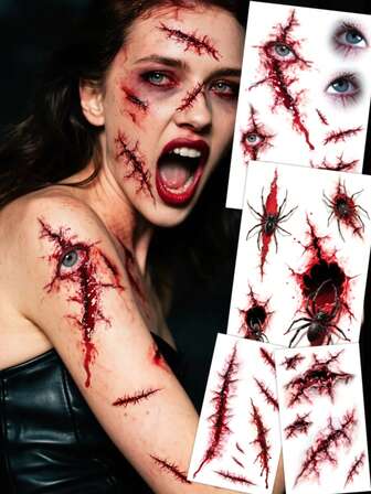 4 万圣节僵尸疤痕临时纹身，恐怖缝纫疤痕假血腥伤口缝纫疤痕身体脸部防水纹身贴纸化妆舞会恶作剧化妆道具