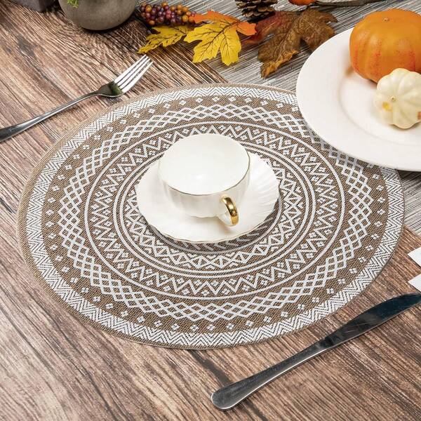 4pcs/6pcs/8pcs Placemats, Linen Table Mats, Heat Insulation, Non-Slip, Geometric Pattern, White Round Minimalist Bohemian Style, Suitable For Dinner Party, Birthday, Holiday, Housewarming, Wedding Decoration, 14.97 Inch Table Mats, Reusable, Anti-Fouling