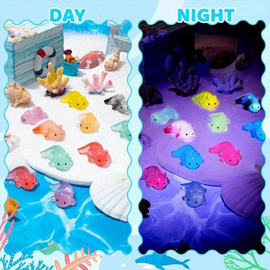 10pcs Glow-In-The-Dark 3D Axolotl Figurines, Colorful Translucent DIY Crafts For Party Favors, Dollhouse & Aquarium Decor, Beach Theme Gifts (Day & Night Effect)