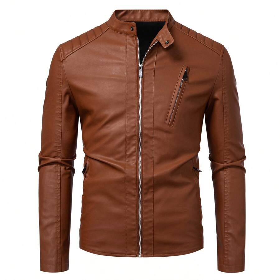 2025 Cross-Border Leather Jacket Men's Casual Coat Korean Style  Slim Fit Handsome Youth Spring Autumn Motorcycle Jacket - 土黃色 - 查看 1