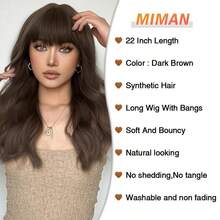 D22 Inch Long Brown Curly Wavy Wigs With Bangs For Women Natural Looking Synthetic Heat Resistant Fiber Hair Wig For Daily Party Cosplay Halloween Costumes Dark Brown Wig10 - CDarkBrownCurly - 查看 2