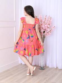 Short Printed Children's Tank Top Dress - 珊瑚粉 - 查看 3
