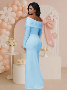 JustVH Maternity Contrast Mesh Off-Shoulder Dress Ruched Mermaid Hem For Baby Shower Elegant Stretch Maxi Outfit Photoshoot
