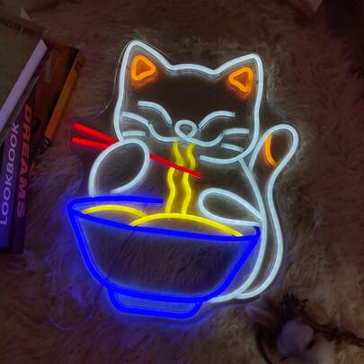 1 peça de letreiro de néon multicolorido em formato de gato comendo ramen, alimentado por USB com interruptor dimmer para luz LED, adequado para quarto, cozinha, sala de estar, decoração de festas, pode ser usado como presente de aniversário ou presente de Natal.