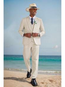 Men's 3 Piece Linen Suits Casual Lightweight Blazer Jackets Vest Pants Set For Wedding Business Promhalloween - Màu xám đen - Xem 5