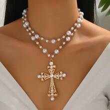2pcs/Set Women's Fashion Baroque Style Cross Pendant Faux Pearl Copper Necklace, Summer