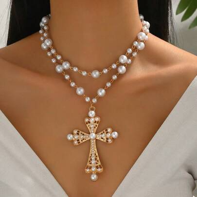 2pcs/Set Women's Fashion Baroque Style Cross Pendant Faux Pearl Copper Necklace, Summer