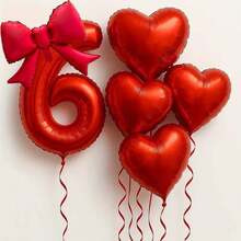6pcs/Set 32" Red Number, Bow, Heart Foil Balloon Set - Red Theme Birthday Party Decor Balloons, 21" Red Bow Balloons, 18" Red Heart Balloons With Red Balloon Ribbons, Suitable For Wedding, Birthday, Valentine's Day, Anniversary, Christmas Decoration - Red - View 17