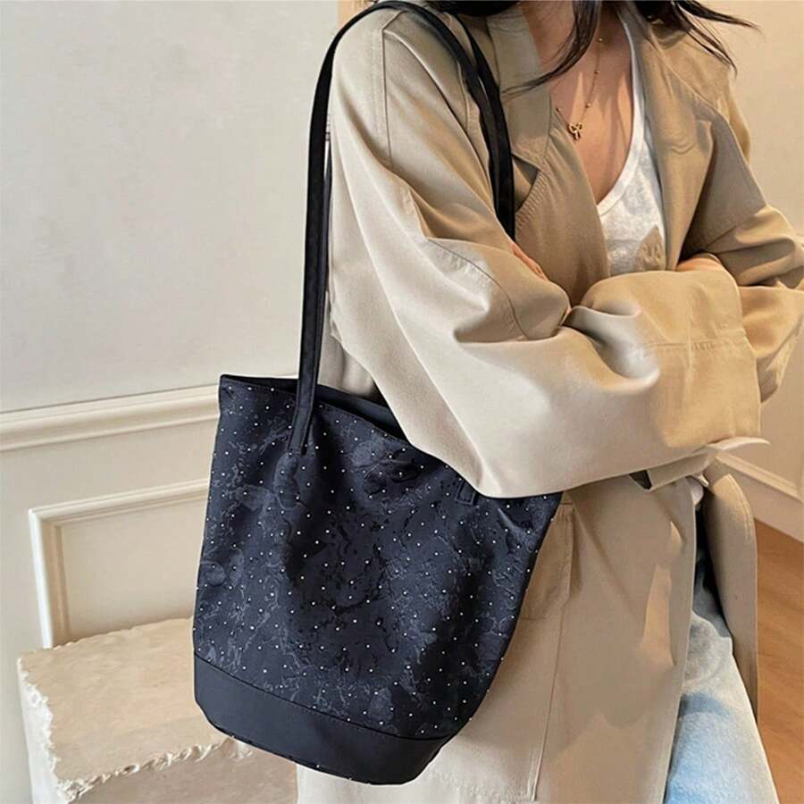 Women's Rivet Bucket Bag Butterfly Pattern Shoulder Bag For Work Daily Shopping Travel - Black - View 1