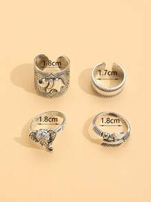 Set de 4 anillos de estilo punk exagerado y estilo hip hop, con diseños vintage tallados en 3D de elefante, pluma y flecha, para mujeres