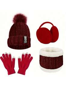 Set de 4 piezas de sombrero de invierno para mujer que incluye gorro, cuello, guantes y orejeras. Forrado de felpa gruesa con pompones lindos. Guantes con pantalla táctil para deportes de invierno y actividades al aire libre.
