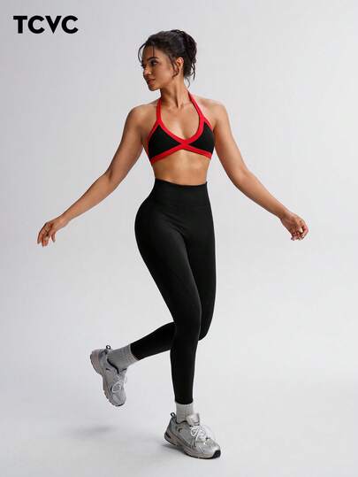 TCVC Women's Contrast Color High Elasticity Sheer Sports Bra + Leggings 2 Pieces Set, Halter Neck Backless Sports Bra, High Waist Tummy Control Peach Butt Solid Color Skinny Leggings, Suitable For Running, Yoga, Gym, Outdoor, Casual & Leisure