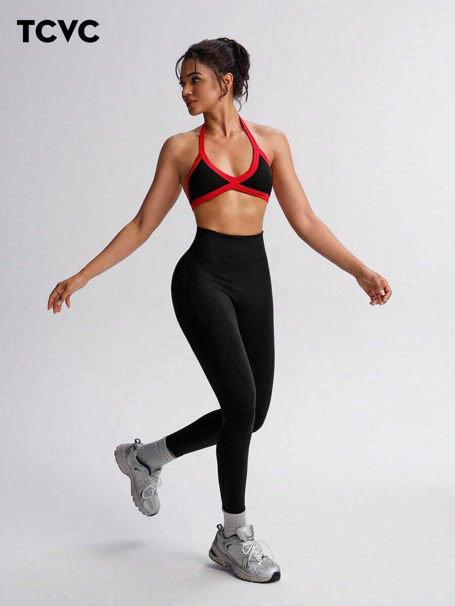 Women's Contrast Color High Elasticity Sheer Sports Bra + Leggings 2 Pieces Set, Halter Neck Backless Sports Bra, High Waist Tummy Control Peach Butt Solid Color Skinny Leggings, Suitable For Running, Yoga, Gym, Outdoor, Casual & Leisure - 黑色 - 查看 1